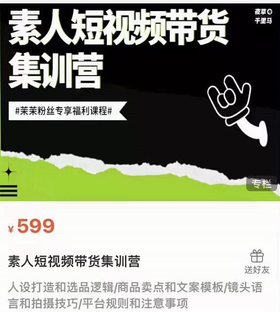 夜草与千里马素人短视频带货集训营，薛辉团队价值599元