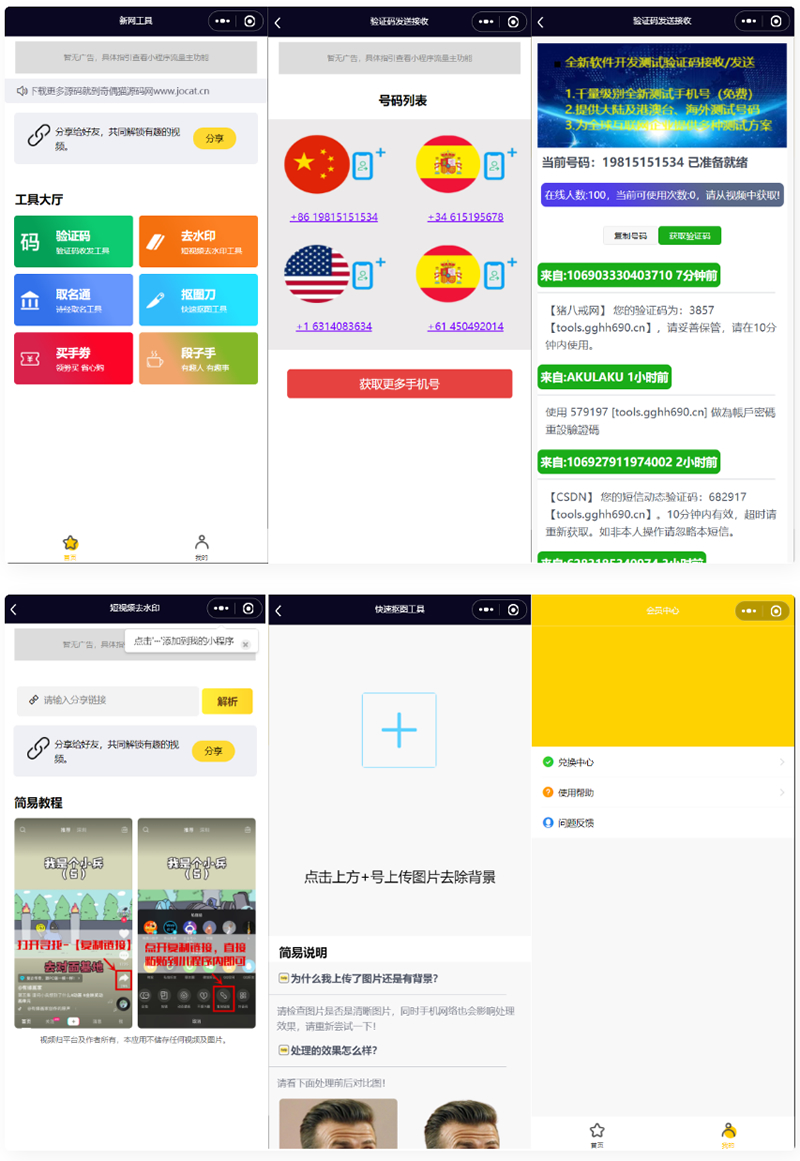 全球手机验证码发放+短视频去水印等组合微信小程序源码