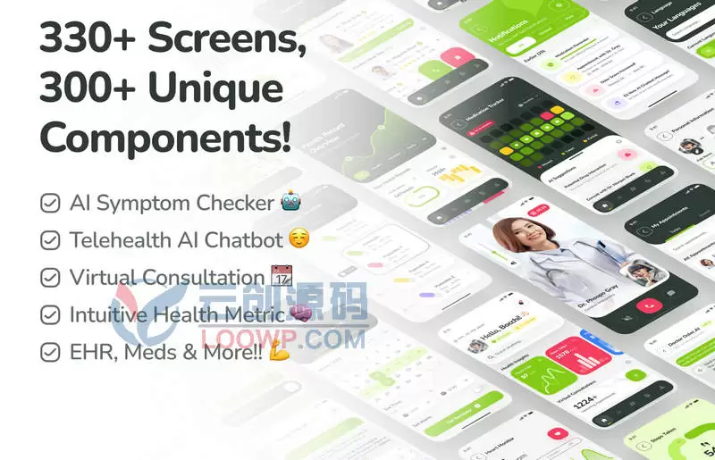 AiHealth含330屏远程看病和AI诊疗APP设计UI模板