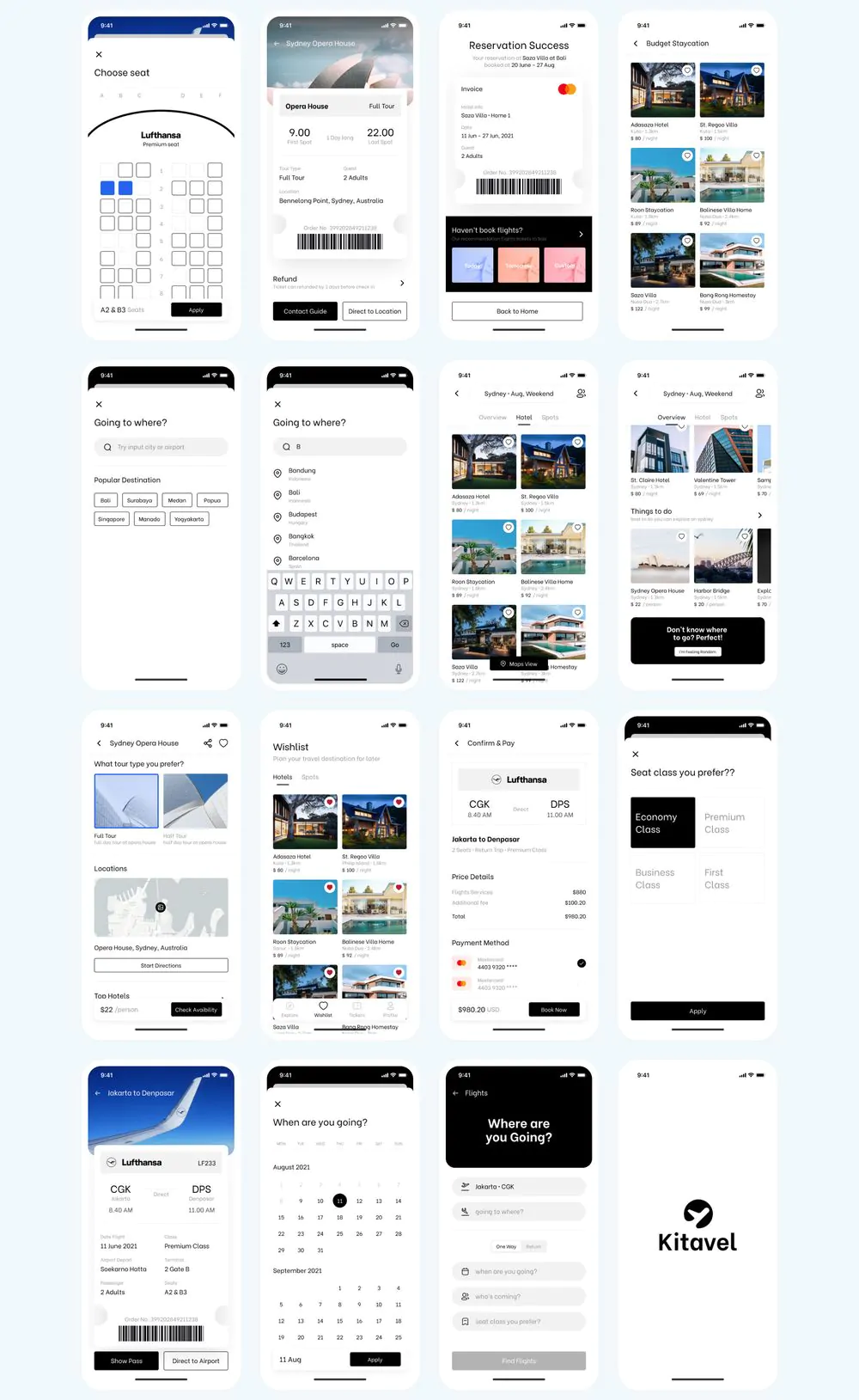 Kitavel含74屏航班酒店旅游预订手机APP界面设计UI模板