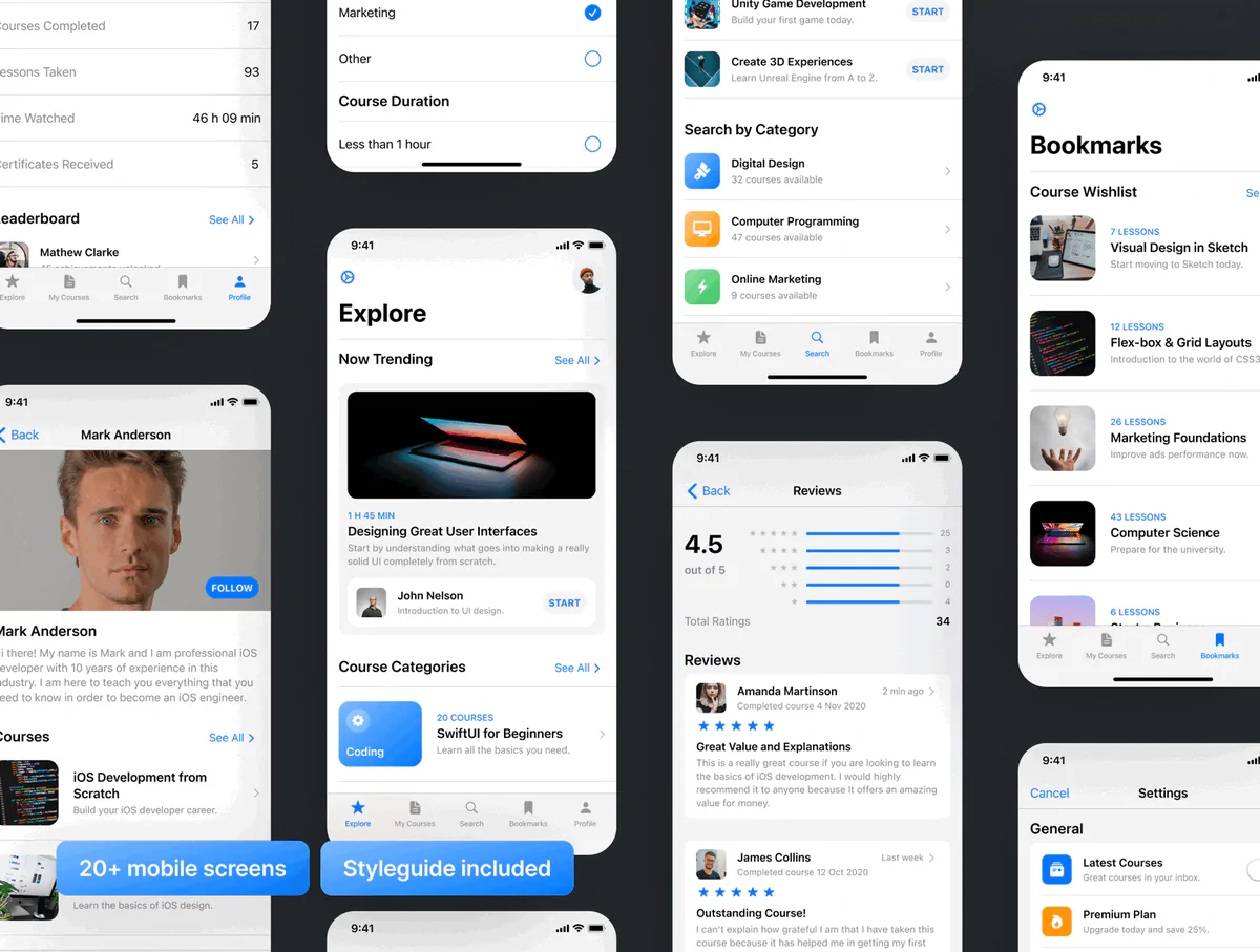 含20屏在线学习在线课程iOS 14手机App设计UI模板和Swift编码组件库