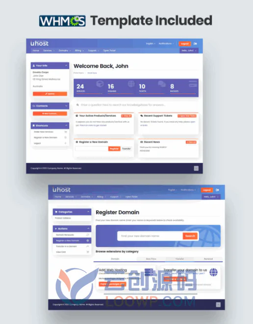 【looUhost 1.6.1】现代虚拟主机托管商网站WHMCS模板和网页模版 支持8.3.X