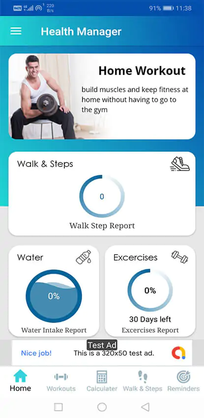 【Workout v1.1】运动健身管理和健康计算器原生Android应用APP源码（水疗提醒和计步器）